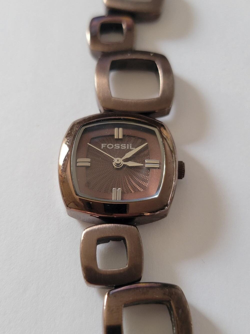 Fossil F2 Womens Watch Brown Dial Bronze Tone Square Link Bracelet Quartz
